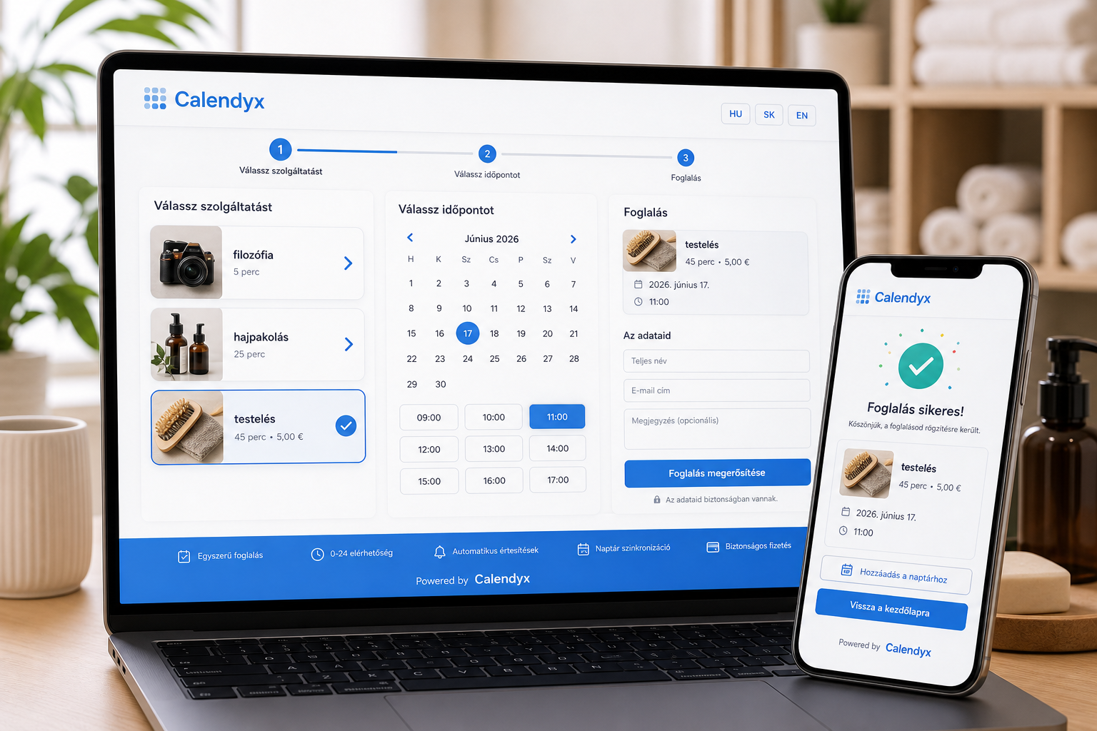 Calendyx online booking interface on desktop and mobile